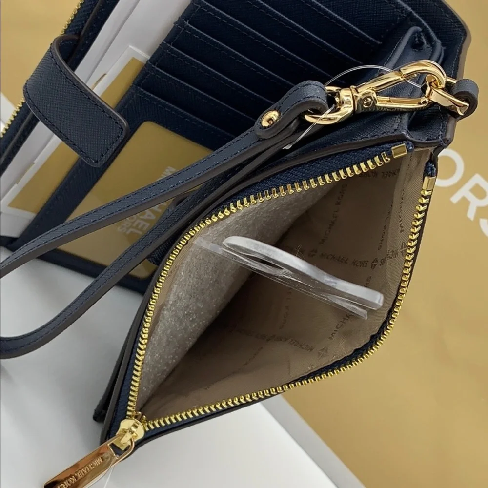 MICHAEL KORS LG DOUBLE ZIP WRISTLET PHONE CASE - wallet Navy NWT - Picture 9 of 16